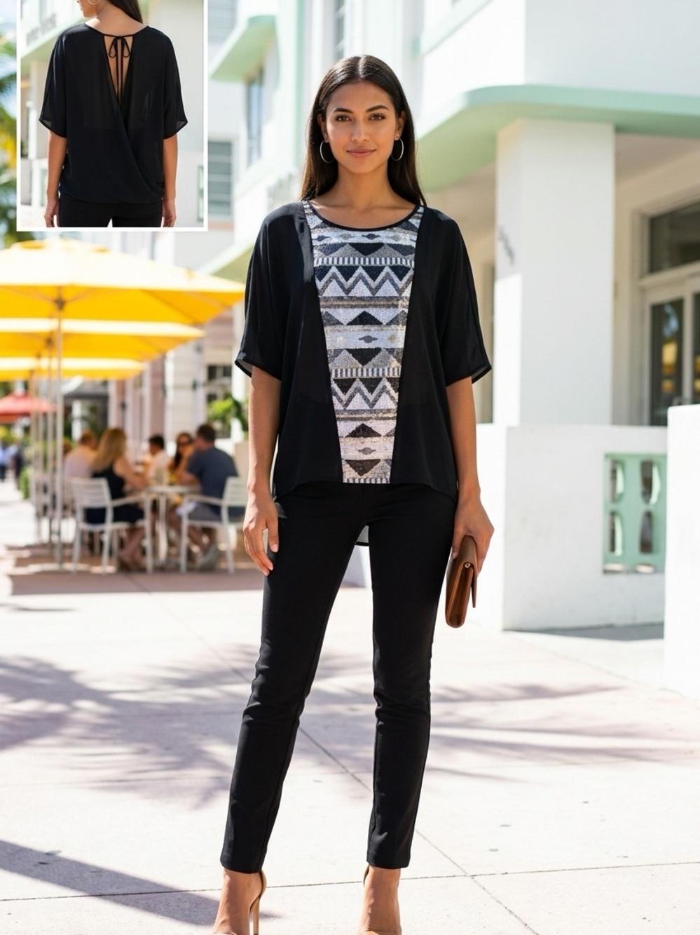 Umgee Small Black Blouse with Silver Geometric Sequin Panel